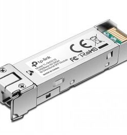 Silver-colored TP-Link Omada TL-SM321B gigabit SFP module, rectangular metal casing, connectors visible.