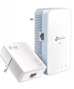 Two white and bluish TP-Link powerline adapters. LED lights and network port visible.