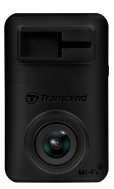 A compact black dashboard camera with a visible lens and Transcend logo.