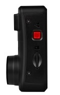 Transcend DrivePro 10 dashcam side profile, red button Close-up of a black Transcend DrivePro 10 dashcam, side profile with a visible red button.