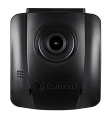 A black, compact, and rectangular dashboard camera with a circular lens in the center.