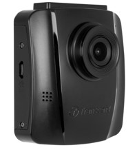 Transcend DrivePro 110 32G dashcam in a compact size Black Transcend DrivePro 110 32G dashcam, lens in the foreground and USB port on the side.