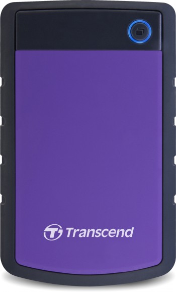 Purple and black Transcend 1 TB external hard drive, 2.5 inches, USB 3.1, durable design.
