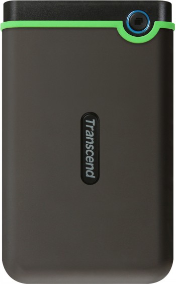 Dark gray external hard drive with green edges, compact 2.5-inch size.