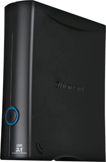 Transcend 8 TB external hard drive USB 3.1, sleek black design A black Transcend 8 TB external hard drive, positioned vertically, with USB 3.1 connectivity.