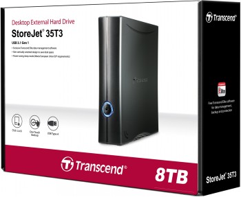 Transcend StoreJet 35T3 8 TB external hard drive, USB 3.1 Black 8 TB Transcend external hard drive in an upright position, blue light on the front panel, USB 3.1 interface.