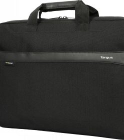 A black Targus Geolite EcoSmart 16-inch slim briefcase with a carry handle and a detachable shoulder strap.