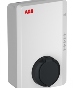 A white and rectangular ABB Terra AC electric vehicle charging station, black charging port at the front.