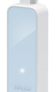 White and blue TP-Link UE200 USB 2.0 Ethernet adapter in vertical orientation, rounded edges, and compact size.