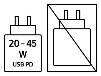 20-45 W USB PD charger compatible with Samsung Galaxy Tab S11 Ultra Diagram of a USB PD charger with power of 20-45 W. On the right, the charger is upside down and marked as not allowed.