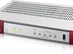 A silver Zyxel USG FLEX 100 firewall with red side panels, featuring LED lights and ports on the front.