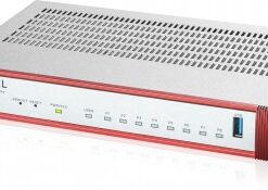 Metallic Zyxel firewall, rectangular design, red edges, and a front panel with a USB port and indicator lights.