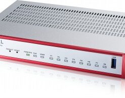 A silver-gray Zyxel firewall device with a red trim, ports and LED indicators on the front.