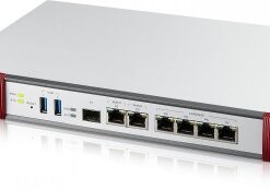 Silver-colored Zyxel USG FLEX 200 network device with red ends and multiple ports on the front panel.