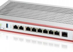 A silver rectangular Zyxel USG FLEX 200 firewall with red edges and multiple network interfaces visible at the front.