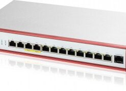 A Zyxel firewall with red trim, featuring multiple network interfaces and a USB port, placed horizontally on a tabletop surface.