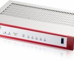 A red and silver Zyxel firewall with five customizable Gigabit ports and a USB connection.