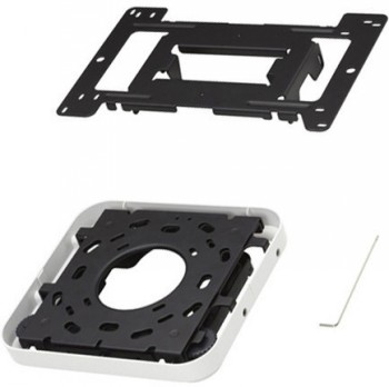 Low-profile white and black ceiling-mounted bracket for projectors, metal structure.