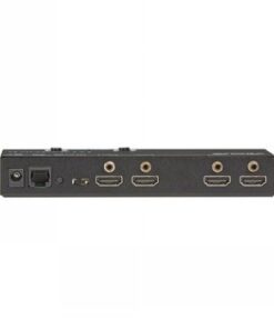 Black 4K HDMI switch device showing two HDMI inputs and two outputs, as well as other connections on the back panel.