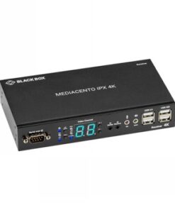 A black rectangular Black Box Mediacento IPX 4K receiver, buttons and ports on the front panel.