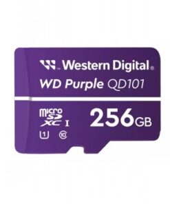 Purple 256GB Western Digital Purple microSDXC memory card, white text and logo, pictured from the front.
