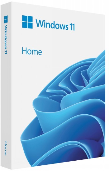 A white box of Windows 11 Home software package with a blue graphic design on the cover.
