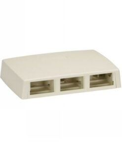 A light beige surface-mounted three-gang enclosure that is rectangular and flat on top.