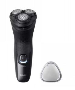 A black Philips Shaver 3000X Series electric shaver and its accompanying silver accessory on a white background.