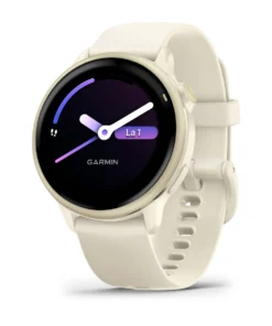 Garmin Vivomove Trend Smartwatch, French Gray, Light Gold Light gray Garmin Vivomove Trend smartwatch with golden details, round dial.