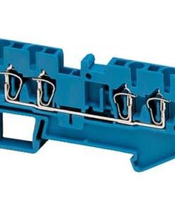 Blue Schneider Electric Linergy terminal block with four wire slots, metallic connectors, and a durable construction.