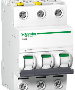 White three-phase miniature circuit breaker, Schneider Electric logo, switches at the bottom.