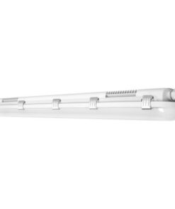 Elongated white LED ceiling light with grey brackets, IP65 protection.