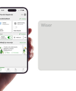A person holding a smartphone with the Wiser app open. Next to it is a white Schneider Electric Wiser central unit.