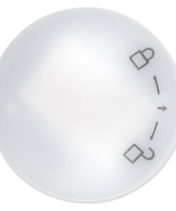 A round white LED light with two symbols at the top. Smooth white light.