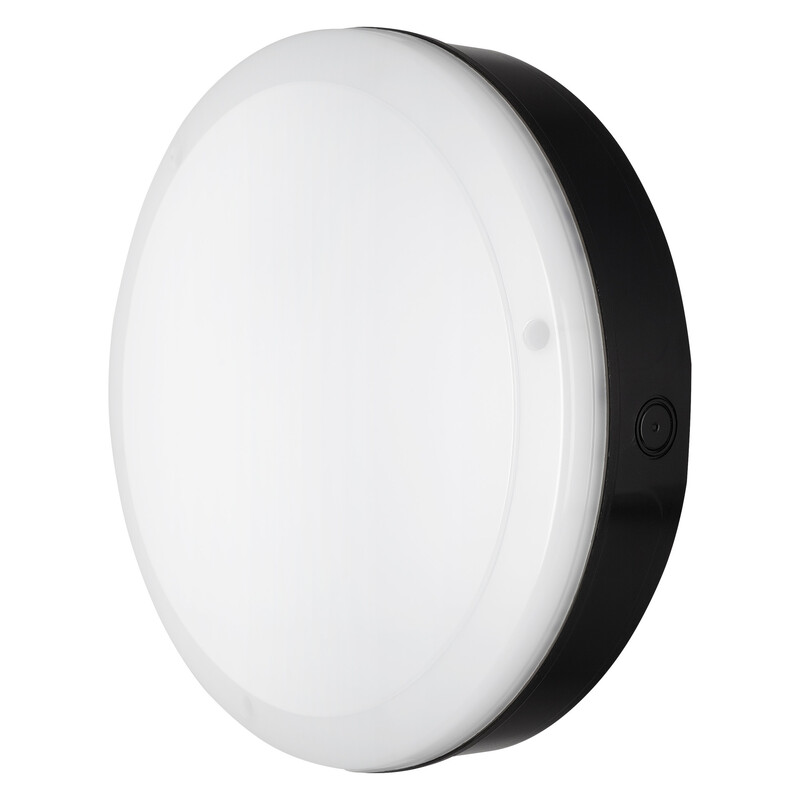 LEDVANCE SF BLKH 250 outdoor light 10W/4000K, IP65, black Black-edged, round white LED wall light with an IP65 protection rating.