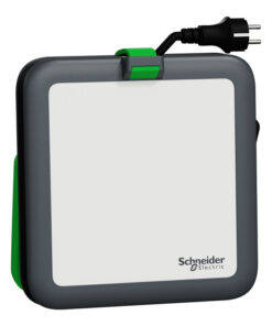 A gray and green work light with a handle, featuring a white light area and a power cord.
