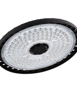 Round LED luminaire with a black frame and transparent cover, revealing reflectors underneath.