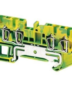 Yellow-green spring terminal connector with four slots for wires, made of metal and plastic parts.