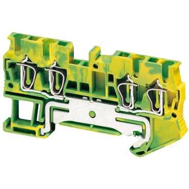 Schneider Electric Linergy terminal block for 4 wires, spring connection Yellow-green spring terminal connector with four slots for wires, made of metal and plastic parts.