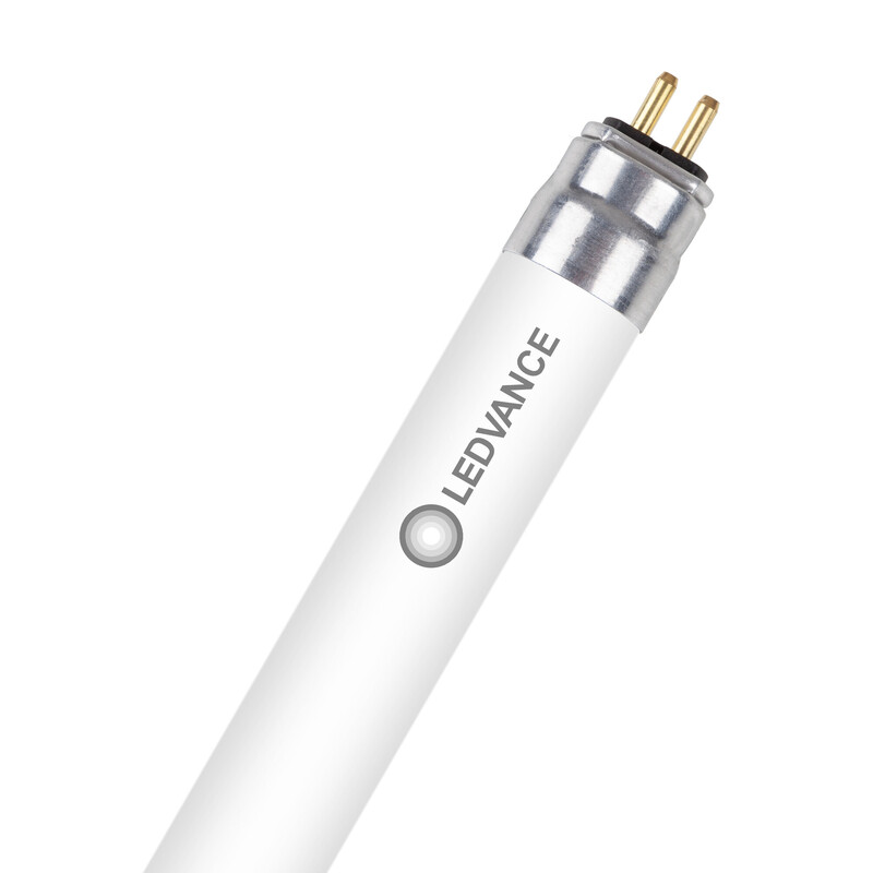 A white LEDVANCE T5 fluorescent tube with metallic connectors and logo visible in a close-up.