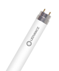 White LEDVANCE T8 LED fluorescent lamp, silver-colored end cap and two pins.
