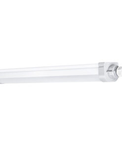 A long and narrow white LED light fixture with IP66 protection, suitable for damp spaces.