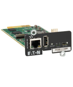 Network card with RJ45 connector, USB port, and LED lights. Black front panel and green circuit board, view from the right.