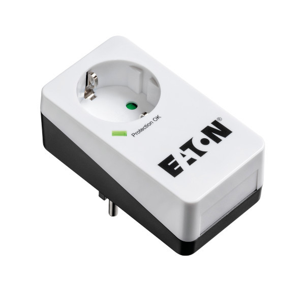 White EATON Protection Box power protector, simple design, one DIN standard socket.