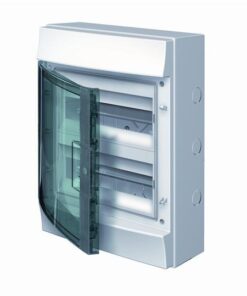 White ABB MISTRAL IP65 distribution board with a transparent dark grey door, two rows, and 24 modules.