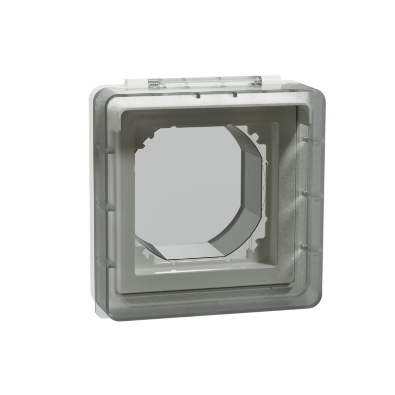 Schneider Electric Exxact IP44 protective cover for general use Bright rectangular protective cover with a gray frame and transparent surface, front view.