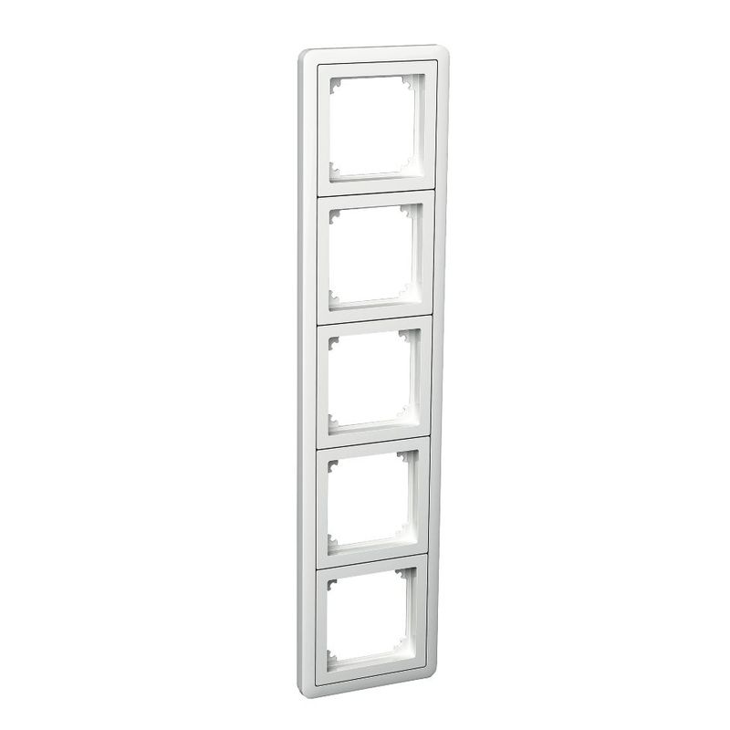 Schneider Electric Exxact 5-module frame with adapter, white Five-module white frame with rectangular openings and mounting adapters.