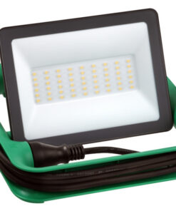 Compact rectangular LED work light with a green stand, black frame, and long cables.