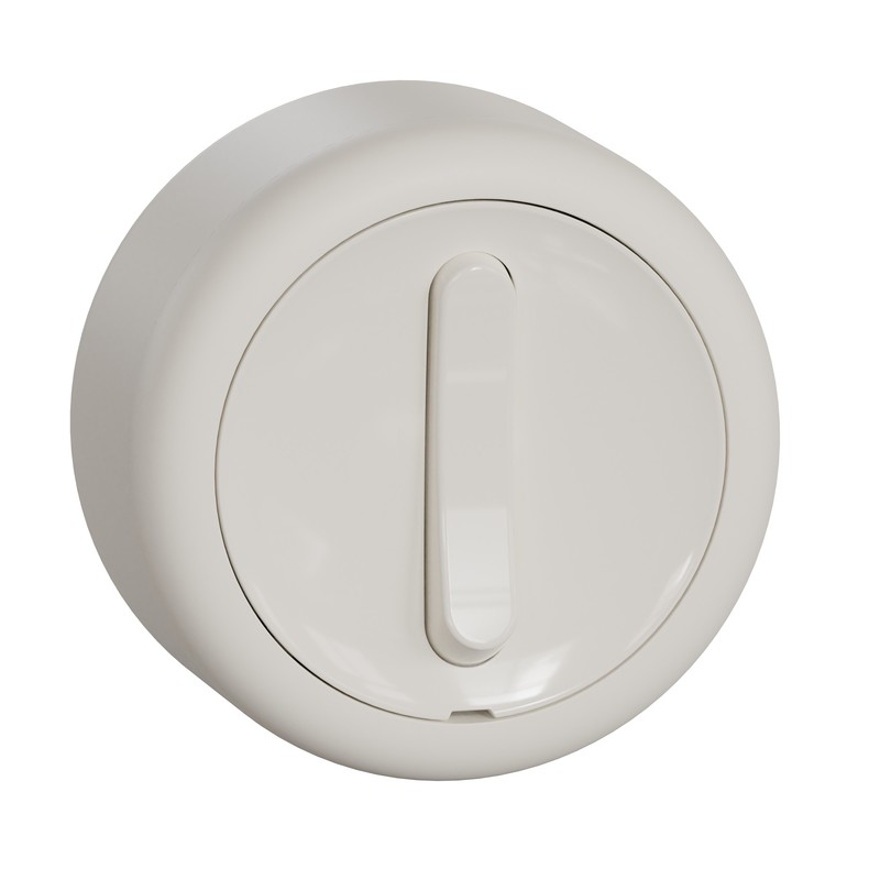 Schneider Electric Renova round white surface-mounted switch A white round surface-mounted switch with an oval-shaped toggle in the center.
