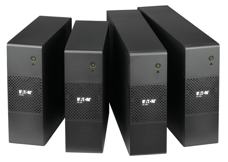 Black, rectangular EATON 5S 700VA/420W tower UPS units in a row, front view with logos.